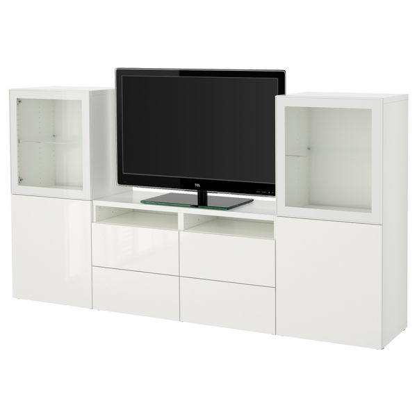 Шкаф для ТВ, комбинированный, стекляные дверцы БЕСТО, белый, Сельсвикен глянцевый/белый прозрачное стекло (240x40x128 см) - фото 1