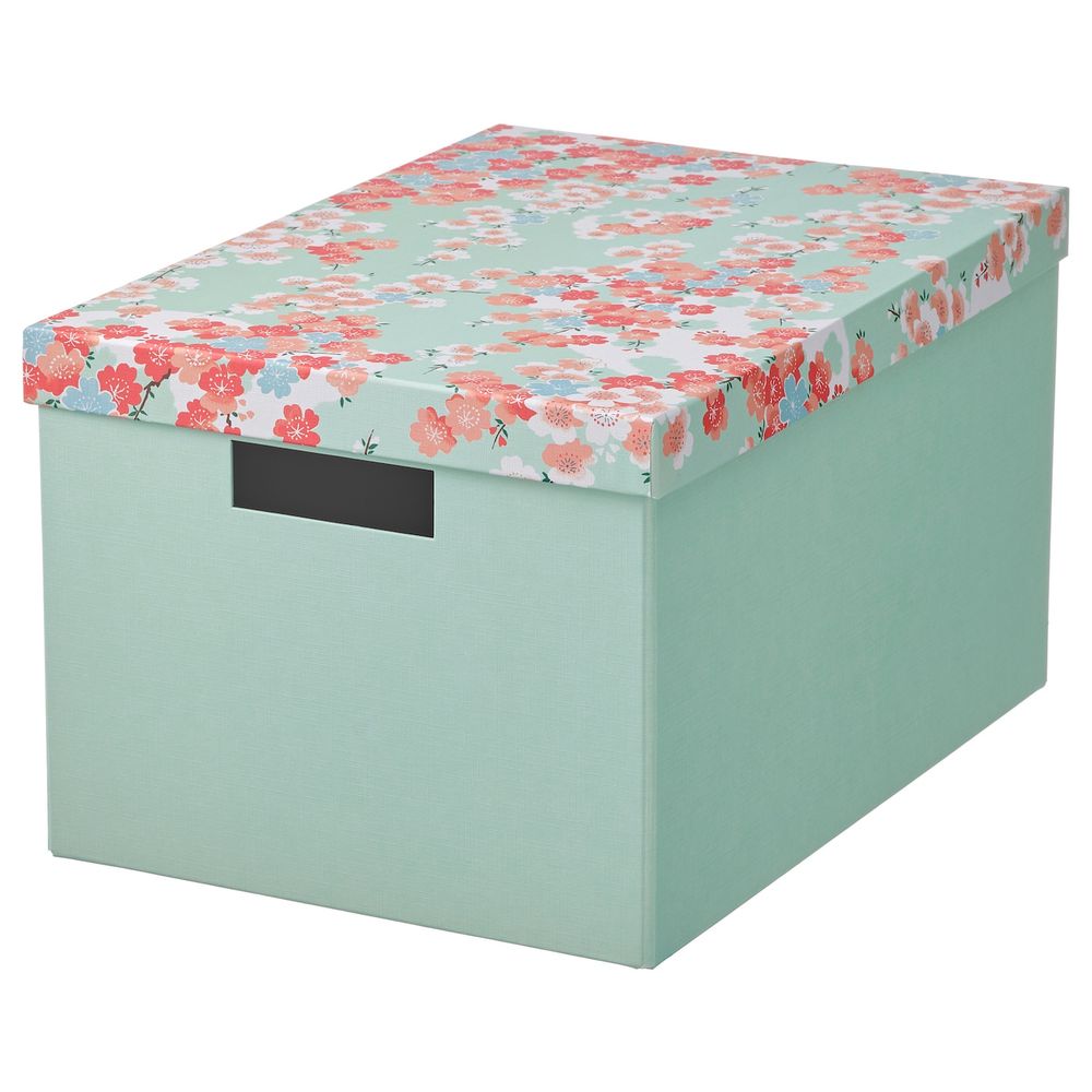Коробка с крышкой, цветок/светло-зеленый 25x35x20 см IKEA TJENA ТЬЕНА 504.770.33 - фото 1