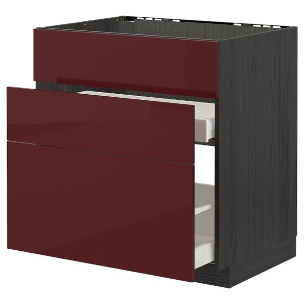 Напольный шкаф под мойку + 3 фронтальных панели/2ящ, черный Калларп/глянцевый темный красно-коричневый 80x60 см IKEA МЕТОД / - схема-чертеж с размерами