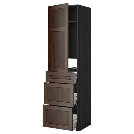 Высокий шкаф для холодильника, с дверцами, 3 ящика МЕТОД / МАКСИМЕРА, черный, Эдсерум коричневый (60x60x220 см)