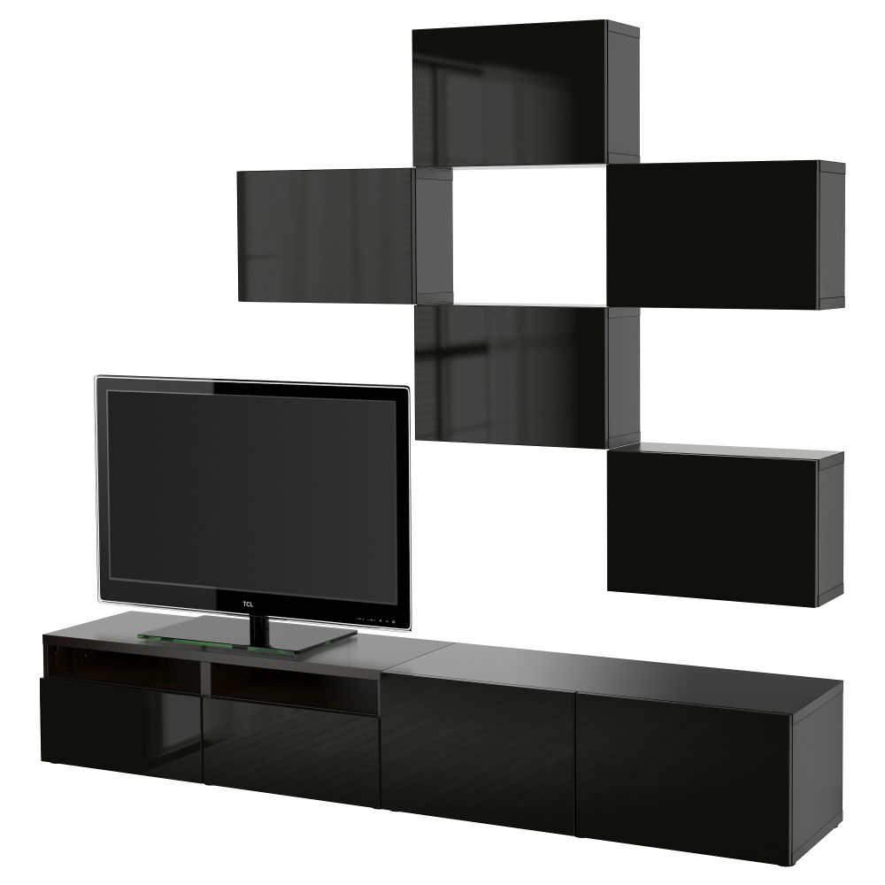 Шкаф для ТВ, комбинация БЕСТО, черно-коричневый, Сельсвикен глянцевый/черный (240x20/40x204 см) - фото 1