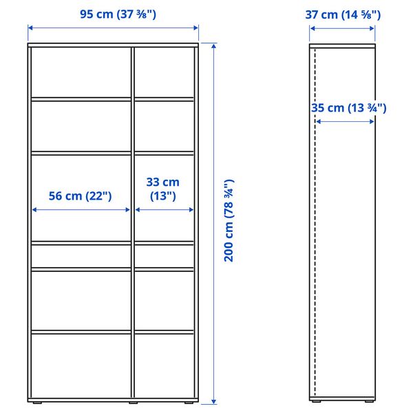 VIHALS Стеллаж с 10 полками - белый 95x37x200 см - схема-чертеж с размерами