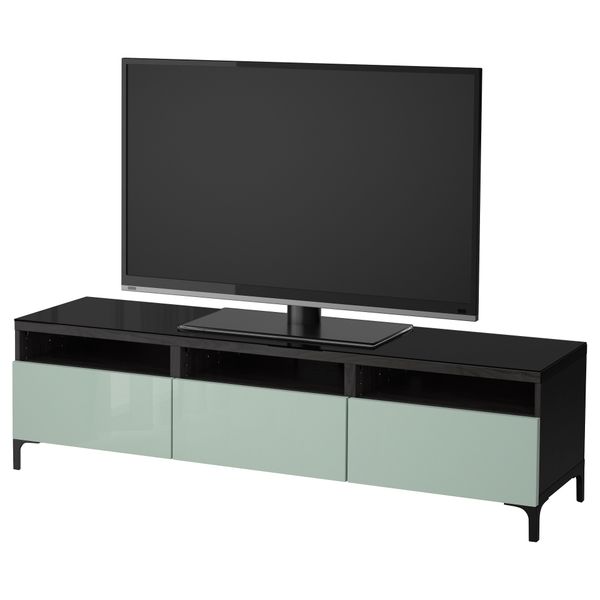 Тумба для ТВ с ящиками БЕСТО, черно-коричневый, Сельсвикен глянцевый/серо-зеленый светлый (180x40x48 см) - фото 1