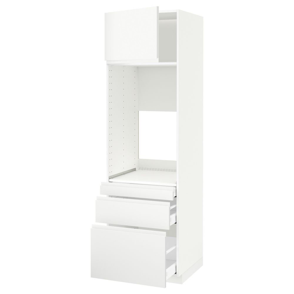 Высокий шкаф для двойной духовки, 3 ящика, дверца МЕТОД / МАКСИМЕРА, белый, Воксторп матовый белый белый - схема-чертеж с размерами