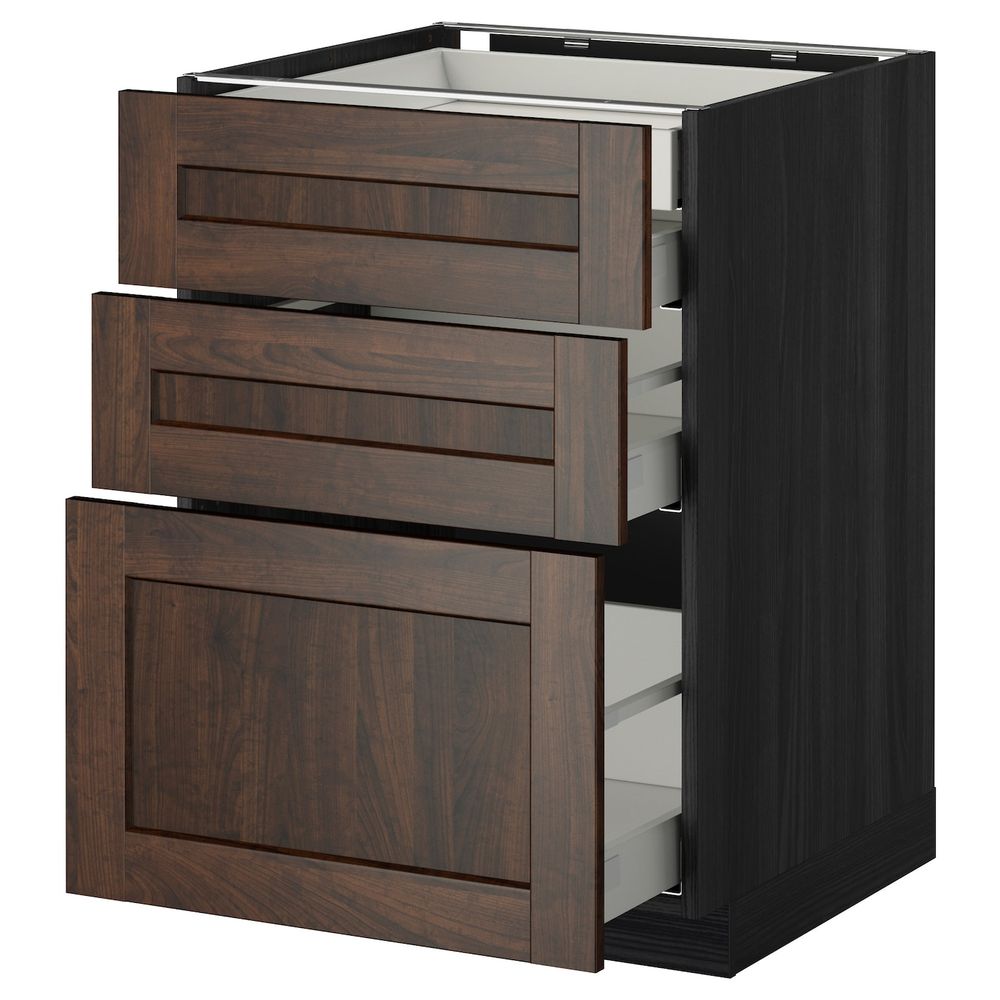 Напольный шкаф 3 фронтальные панели, 2 низких, 1 средний, 1 встроенный ящ, черный/Эдсерум коричневый 60x60 см IKEA МЕТОД / - фото 1