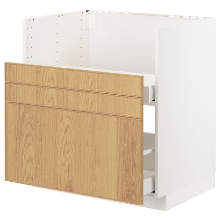 Шкаф под мойку БРЕДШЁН/2фасада/2ящика, белый/Экестад дуб 80x60 см IKEA METOD МЕТОД 792.982.10