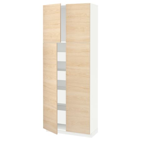 Высокий шкаф/4дверцы/4ящика МЕТОД / МАКСИМЕРА, белый, Аскерсунд ясень под светлый ясень (80x37x200 см)