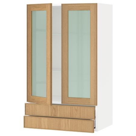 Навесной шкаф, 2 стеклянные дверцы, 2 ящика МЕТОД / МАКСИМЕРА, белый, Экестад дуб