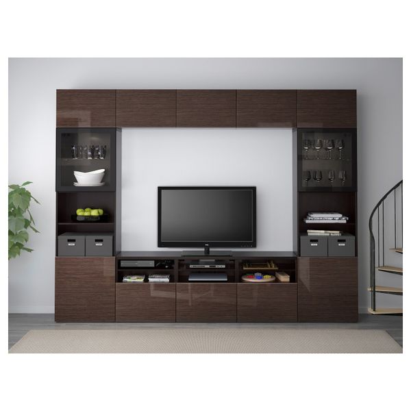 Шкаф для ТВ, комбинированный, стекляные дверцы, черно-коричневый/Сельсвикен глянцевый, коричневый прозрачное стекло 300x40x230 - фото 3