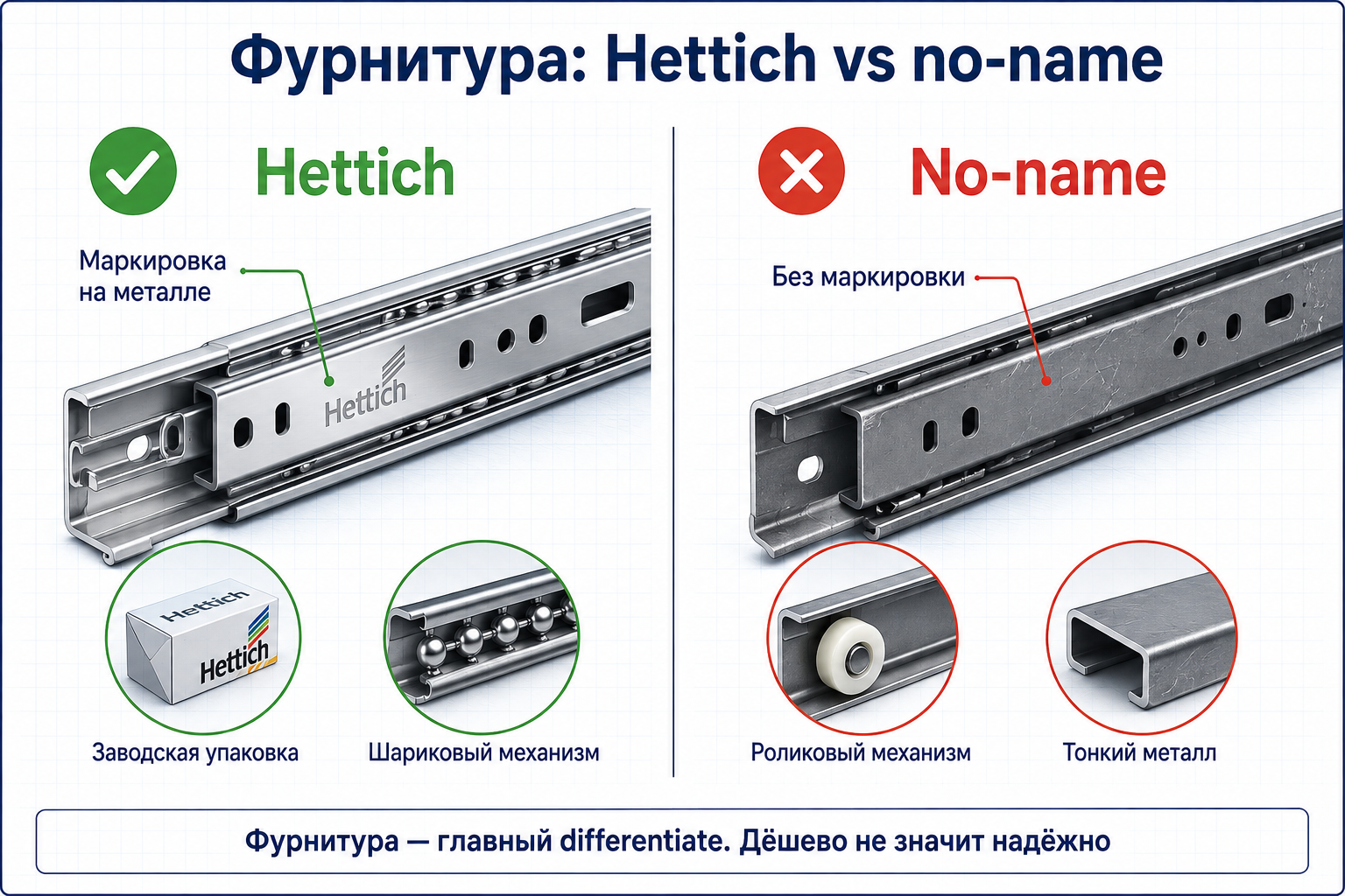 Сравнение фурнитуры Hettich и no-name: маркировка, механизм, ресурс