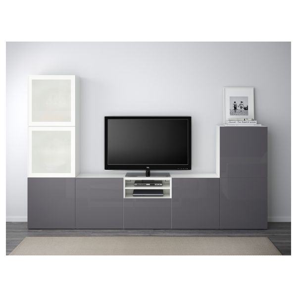 Шкаф для ТВ, комбинированный, стекляные дверцы БЕСТО, белый, Сельсвикен глянцевый/серый матовое стекло (300x40x192 см) - фото 2