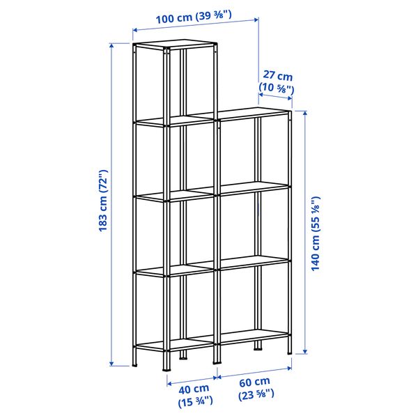 Стеллаж для дома, сада, 100x27x140-183 см IKEA HYLLIS ХИЛЛИС 394.015.58 - схема-чертеж с размерами