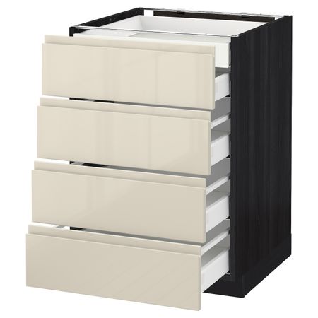 Напольный шкаф 4 фронтальных, 2 низких, 3 средних ящ, черный, Воксторп глянцевый светло-бежевый 60x60 см IKEA МЕТОД 092.366.59