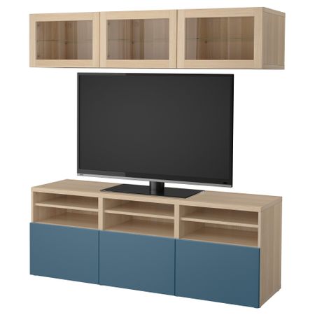 Шкаф для ТВ, комбинированный, стекляные дверцы БЕСТО, под беленый дуб Вальвикен, темно-синий прозрачное стекло (180x40x192 см)