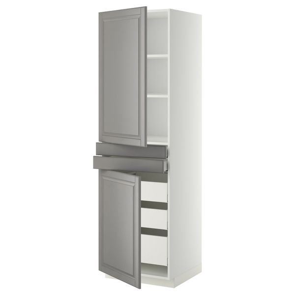 Высокий шкаф + полки, 5 ящиков, 2 дверцы, 2 фронтальных МЕТОД / МАКСИМЕРА, белый, Будбин серый - фото 1