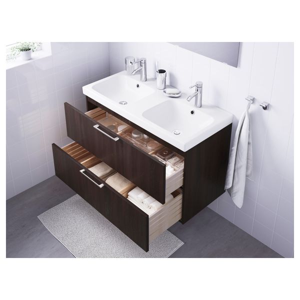 Шкаф для раковины с 2 ящиками ГОДМОРГОН / ОДЕНСВИК, черно-коричневый (100x49x64 см) - фото 3