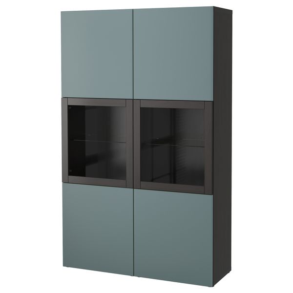 Комбинация для хранения со стеклянными дверцами БЕСТО, черно-коричневый, Вальвикен серо-бирюзовый, прозрачное стекло (120x40x192 - фото 1
