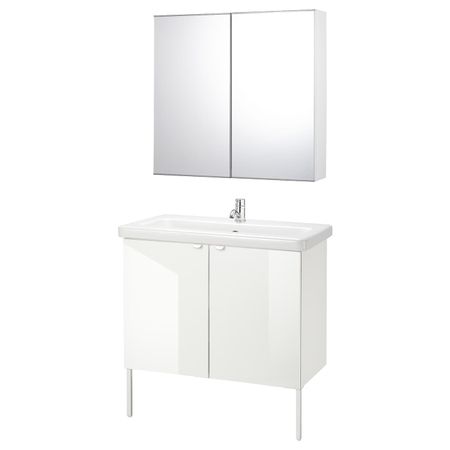 Комплект мебели для ванной,7 предм., глянцевый белый/ПИЛКОН смеситель 84x43x88 см IKEA FISKÅN ФИСКОН / TVÄLLEN ТВЭЛЛЕН