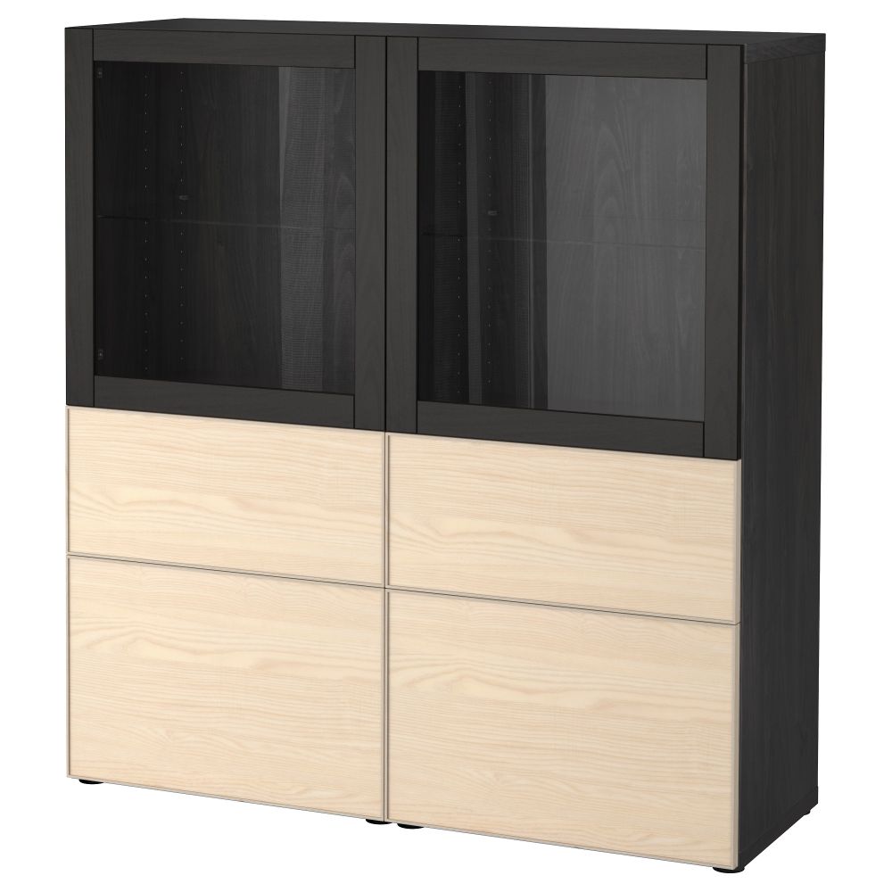 Комбинация для хранения со стеклянными дверцами БЕСТО, черно-коричневый, Инвикен ясеневый шпон (120x40x128 см) - фото 1