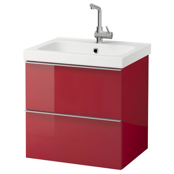 Шкаф для раковины с 2 ящиками ГОДМОРГОН / ОДЕНСВИК, глянцевый красный (60x49x64 см) - фото 2