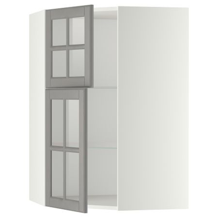 Угловой навесной шкаф + полки, 2 стеклянные дверцы МЕТОД, белый, Будбин серый (68x100 см)