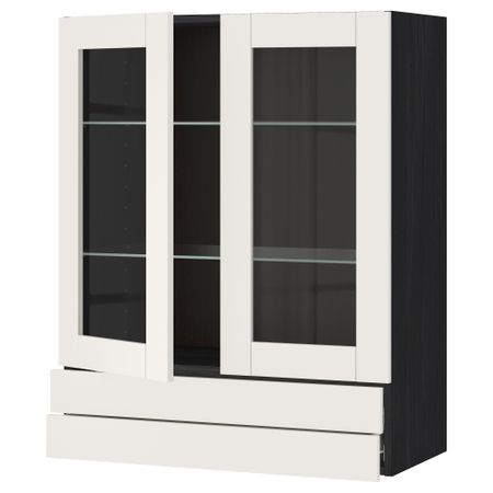 Навесной шкаф, 2 стеклянные дверцы, 2 ящика МЕТОД / ФОРВАРА, черный, Сэведаль белый