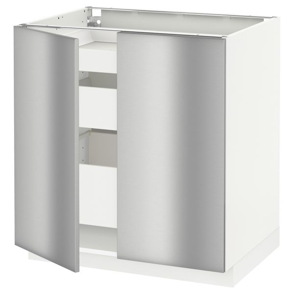 Напольный шкаф с 2 дверцами, 3 ящиками МЕТОД / МАКСИМЕРА, белый, Гревста нержавеющ сталь (80x60 см) - схема-чертеж с размерами