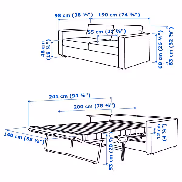 VIMLE 2-местный диван-кровать - Grann/Bomstad чёрный - схема-чертеж с размерами