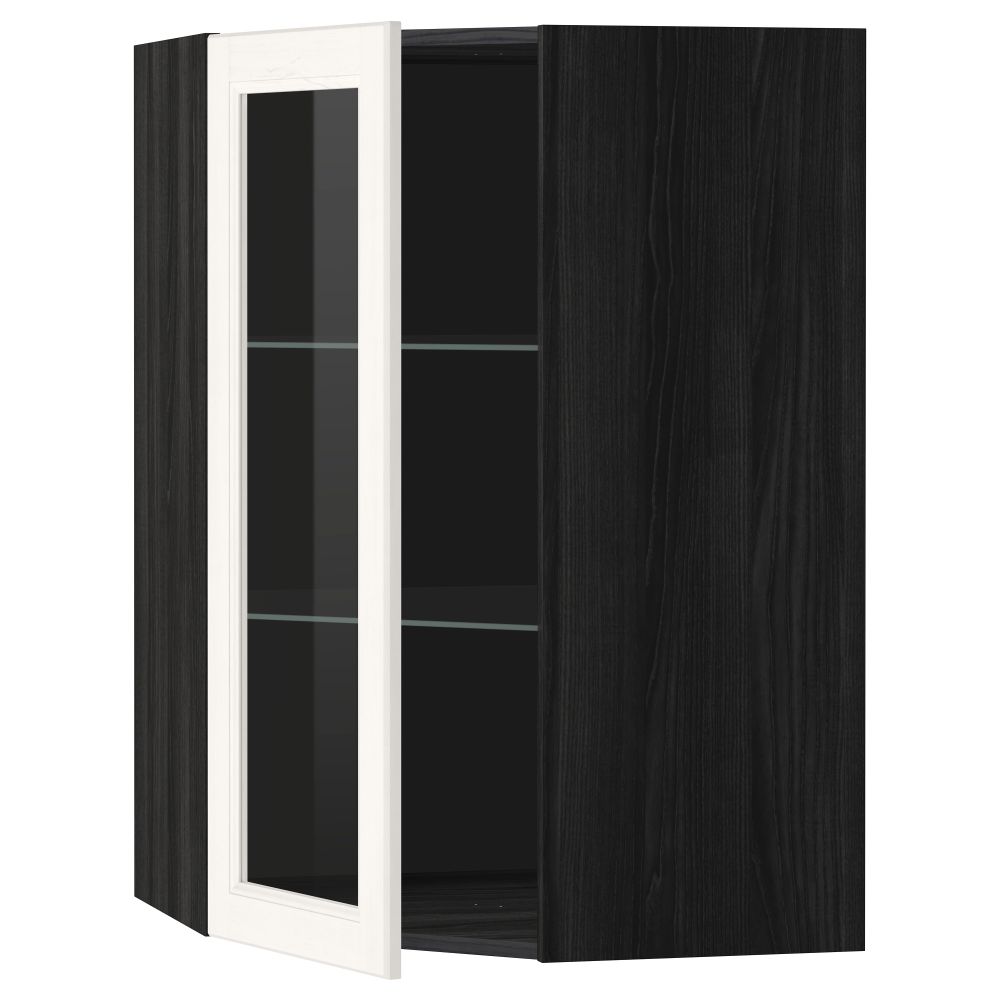 Угловой навесной шкаф с полками, стекляными дверцами МЕТОД, черный, Лаксарби белый - схема-чертеж с размерами