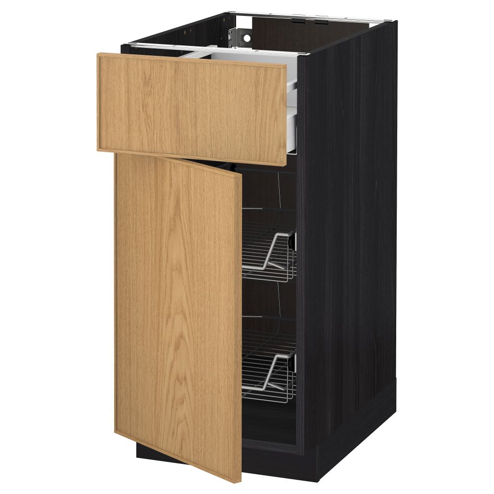 Напольный шкаф с проволочной корзиной, ящиком, дверью МЕТОД / МАКСИМЕРА, черный, Экестад дуб - схема-чертеж с размерами