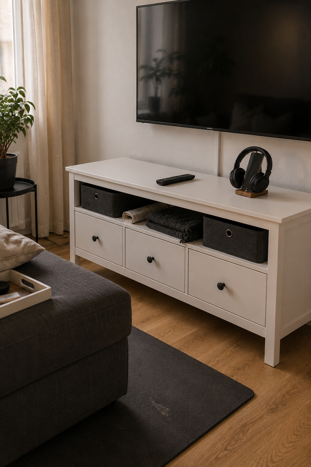 Гостиная с белой ТВ-тумбой IKEA HEMNES, тёмными корзинами для хранения и пуфиком
