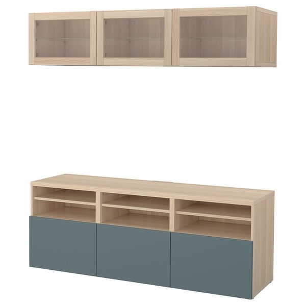 Шкаф для ТВ, комбинированный, стекляные дверцы БЕСТО, под беленый дуб, Вальвикен серо-бирюзовый, прозрачное стекло (180x40x192 - фото 1