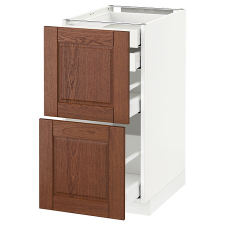 Напольный шкаф 2 фронтальные панели, 2 нижних, 1 средний, 1 высокий ящик МЕТОД / МАКСИМЕРА, белый, Филипстад коричневый