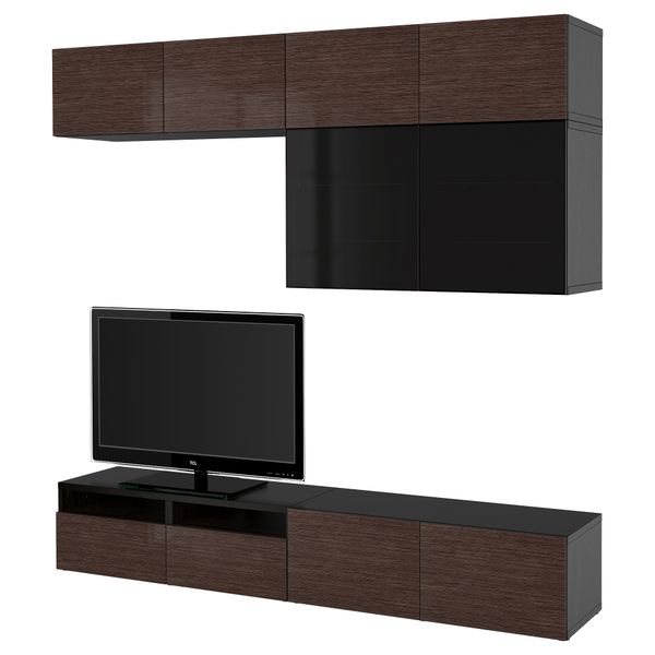 Шкаф для ТВ, комбинированный, стекляные дверцы БЕСТО, черно-коричневый, Сельсвикен глянцевый/коричневый дымчат стекло - фото 1