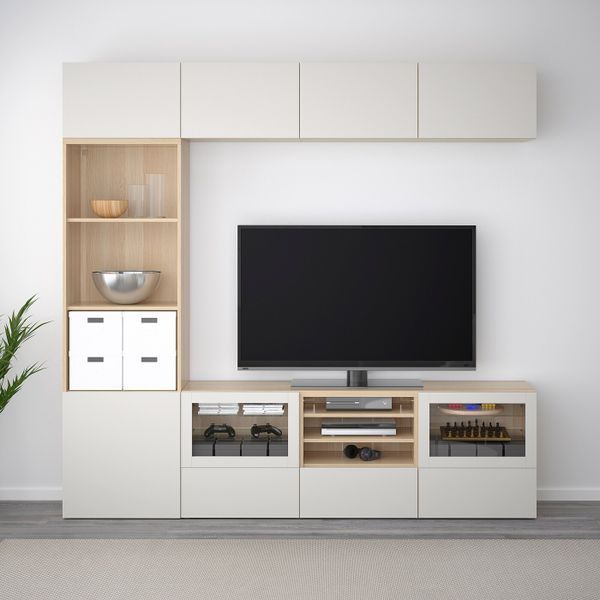 Шкаф для ТВ, комбинированный, стекляные дверцы, под беленый дуб, Лаппвикен светло-серый прозрачное стекло 240x40x230 см IKEA - фото 3