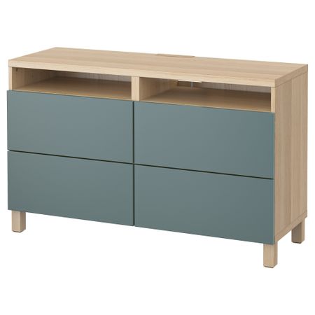 Тумба для ТВ с ящиками БЕСТО, под беленый дуб, Вальвикен серо-бирюзовый (120x40x74 см)