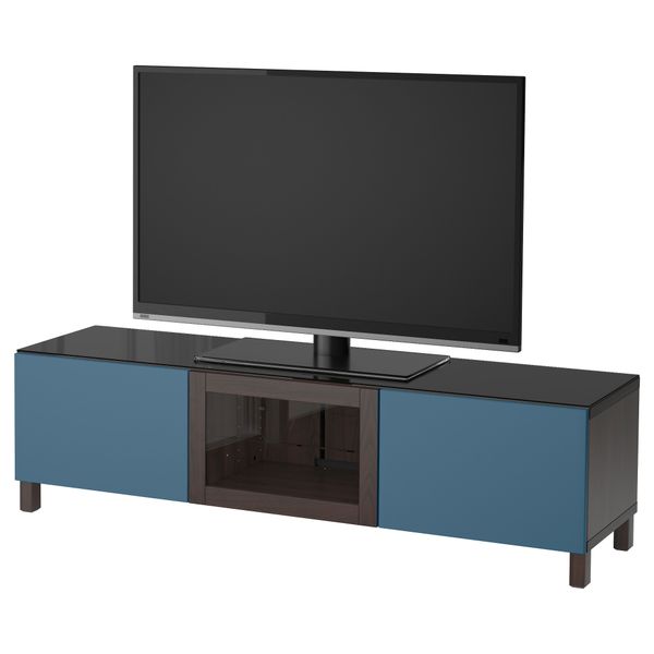 Тумба под ТВ, с дверцами БЕСТО, черно-коричневый Вальвикен, темно-синий прозрачное стекло - фото 1