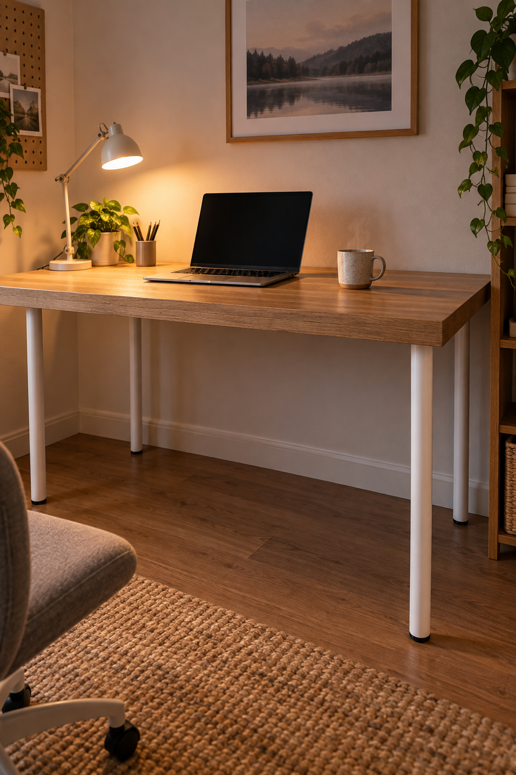 Письменный стол из полотна KARLBY на четырёх белых опорах ADILS: ноутбук и кружка, толстая столешница