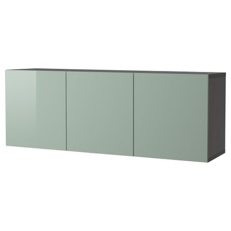 Комбинация настенных шкафов БЕСТО, черно-коричневый, Сельсвикен глянцевый/серо-зеленый светлый (180x40x64 см)