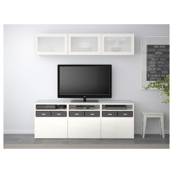 Шкаф для ТВ, комбинированный, стекляные дверцы БЕСТО, белый, Сельсвикен глянцевый/белый матовое стекло (180x40x192 см) - фото 2