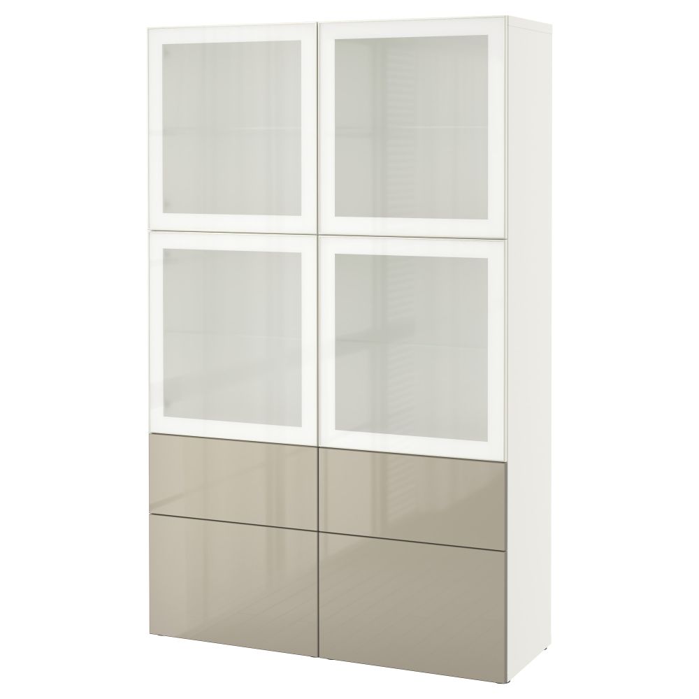 Комбинация для хранения со стеклянными дверцами БЕСТО, белый, Сельсвикен глянцевый/бежевый матовое стекло (120x40x192 см) - фото 1