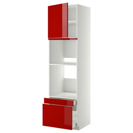 Высокий шкаф для духовки комбинированный, духовка + дверца, 2 ящика МЕТОД / МАКСИМЕРА, белый, Рингульт красный