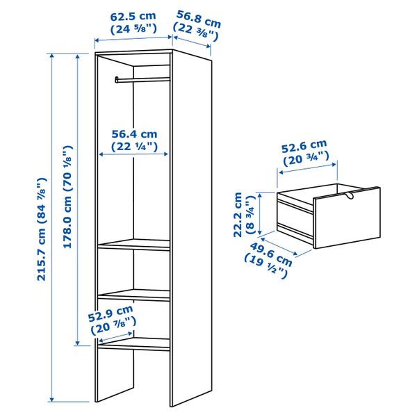 Гардероб, серый-белый 63x59x216 см IKEA ВИСТХУС 903.662.69 - схема-чертеж с размерами