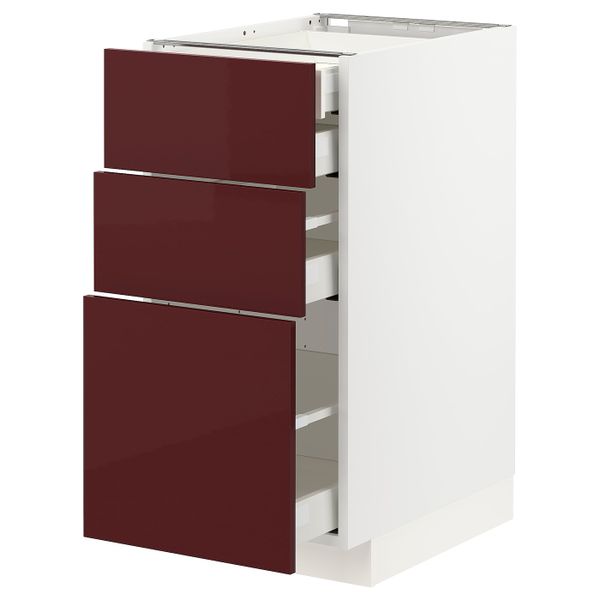 Напольный шкаф 3 фронтальные панели, 2 низких, 1 средний, 1 встроенный ящ, белый Калларп/глянцевый темный красно-коричневый - фото 1
