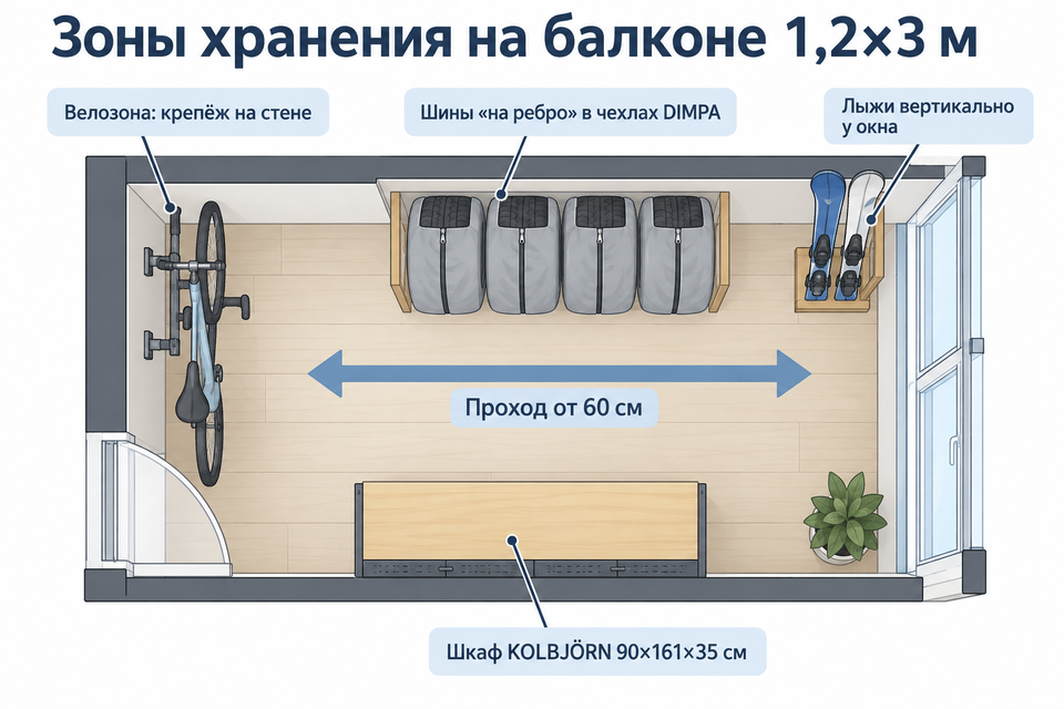 Схема зон хранения на балконе 1,2×3 м: велозона, шины на ребро, лыжи у окна, шкаф KOLBJÖRN и проход от 60 см