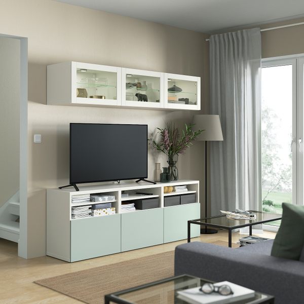 Комбинация для ТВ/стеклянные дверцы, белый Синдвик/Хёртвикен бледный серо-зеленый 180x42x192 см IKEA BESTÅ БЕСТО 794.364.95 - фото 3