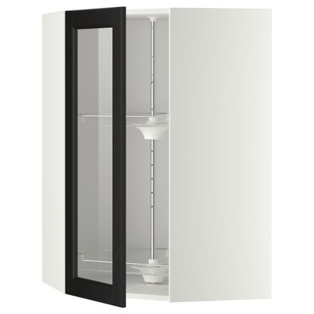 Угловой навесной шкаф с вращающающейся секцией, стеклянными дверцами МЕТОД, белый, Лаксарби черно-коричневый