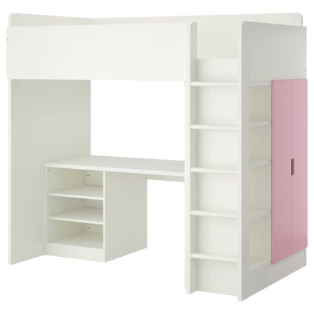 Кровать-чердак, 2 полки, 2 дверцы СТУВА, белый, розовый (207x99x193 см)