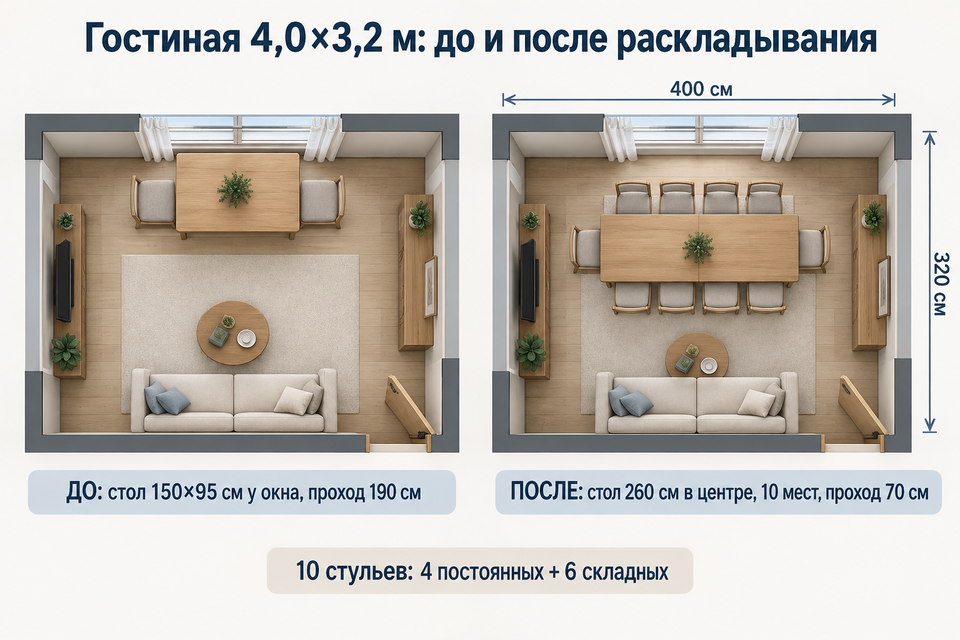 Схема гостиной 4,0×3,2 м до и после раскладывания стола: стол 150×95 у окна с проходом 190 см превращается в стол 260 см на 10 мест с проходом 70 см
