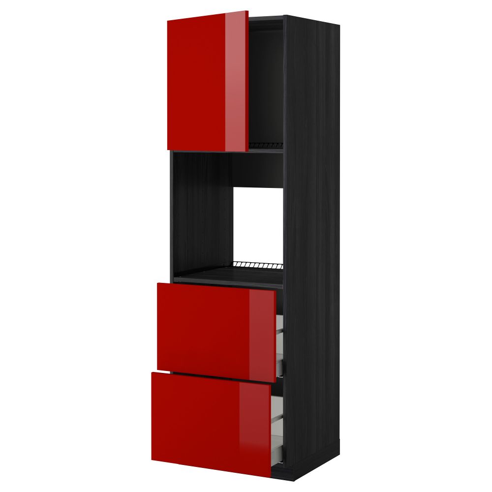 Высокий шкаф для духовки + дверца, 2 форнтальных, 2 высоких ящик МЕТОД / МАКСИМЕРА, черный, Рингульт красный - схема-чертеж с размерами